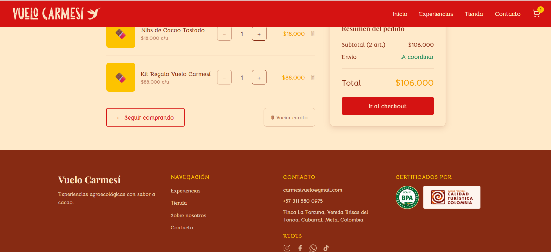 Vuelo Carmesí — Plataforma de reservas y tienda online para una finca de agroturismo de cacao (captura 3 de 4)