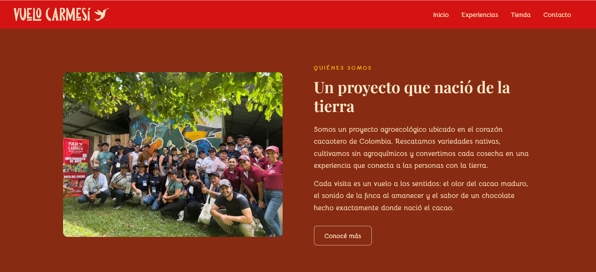 Vuelo Carmesí — Plataforma de reservas y tienda online para una finca de agroturismo de cacao (captura 1 de 4)